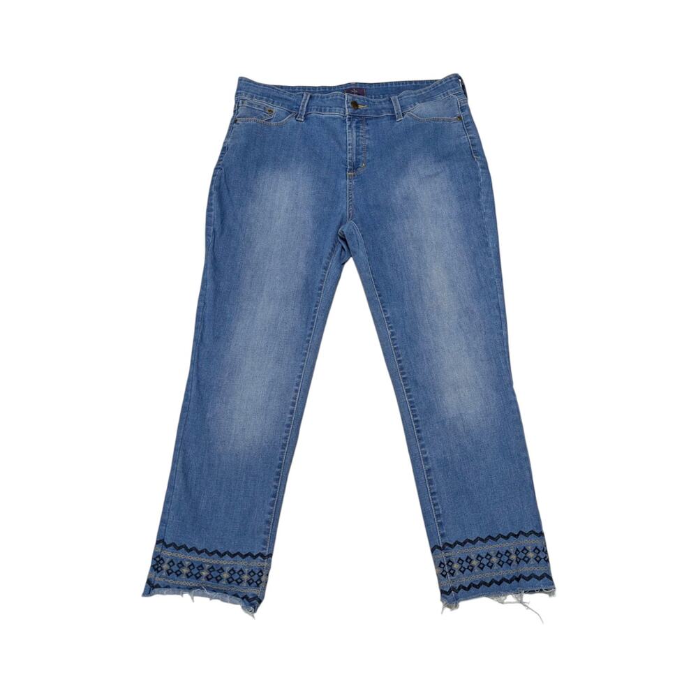 NYDJ Embroidered Hem Ankle Jeans Distressed Womens 16 Stretch Denim Frayed Blue